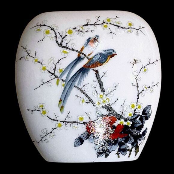 Vtg 1960s JAY Fine China Exotic Birds & Cherry Blossom Oval Porcelain Vase–Japan - Picture 7 of 15